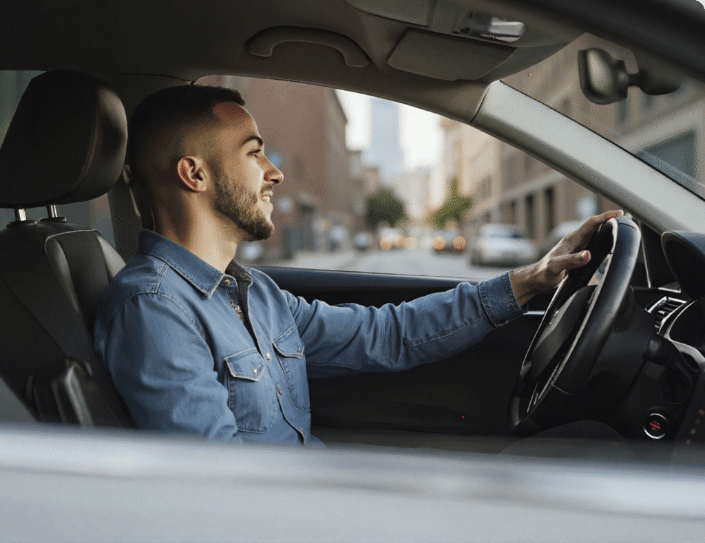 hombre conduciendo coche Crédito y arrendamiento automotriz