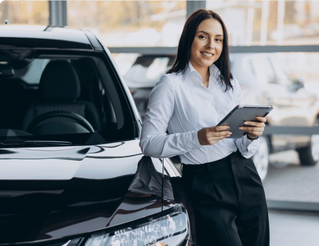 mujer con coche Crédito y arrendamiento automotriz